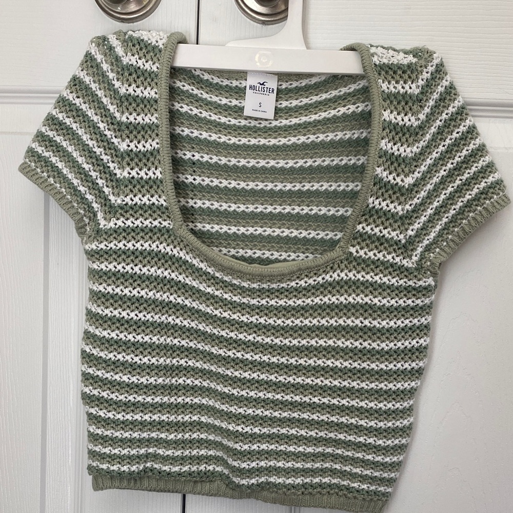 Hollister Green and White Striped Short Sleeve Knit Top